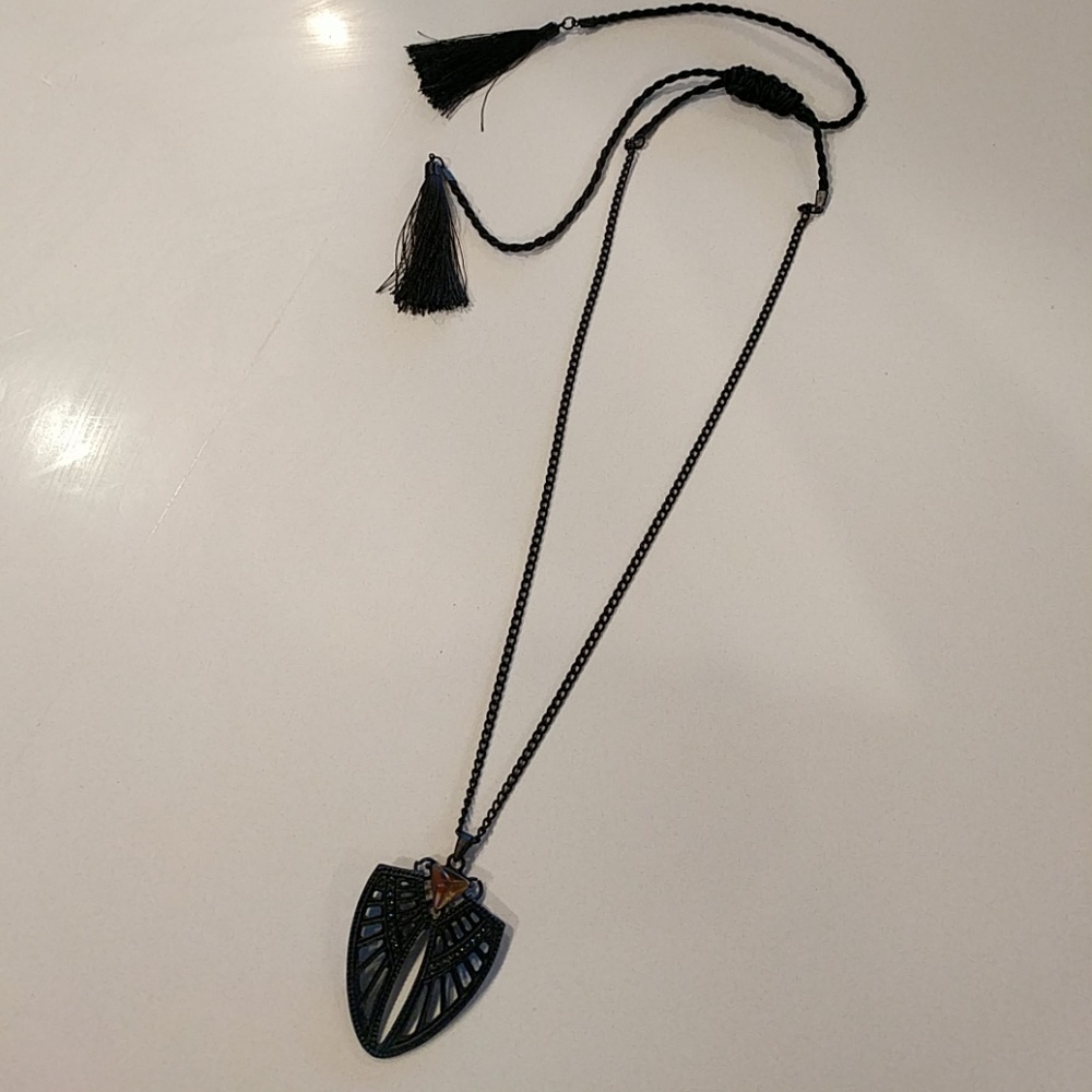 Matte black and onyx stone deco pendant necklace